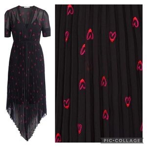 MAJE Heart Embroidered Pleated Chiffon Midi Dress In Black Sz 1 Euc
